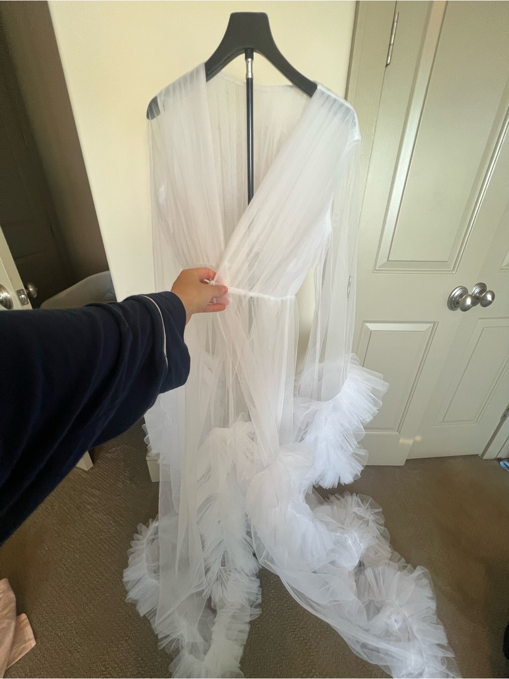 Elegant White Sheer Ruffle Robe with Satin Tie - Picture 2 of 4